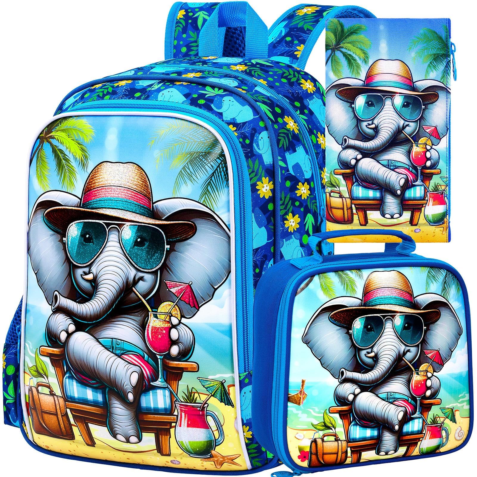 16" Backpack for Boys, 3Pcs Elephant Kids Bookbag with Lunch Box, School Backpacks Set for Elementary Preschool Kindergarten(Blue)