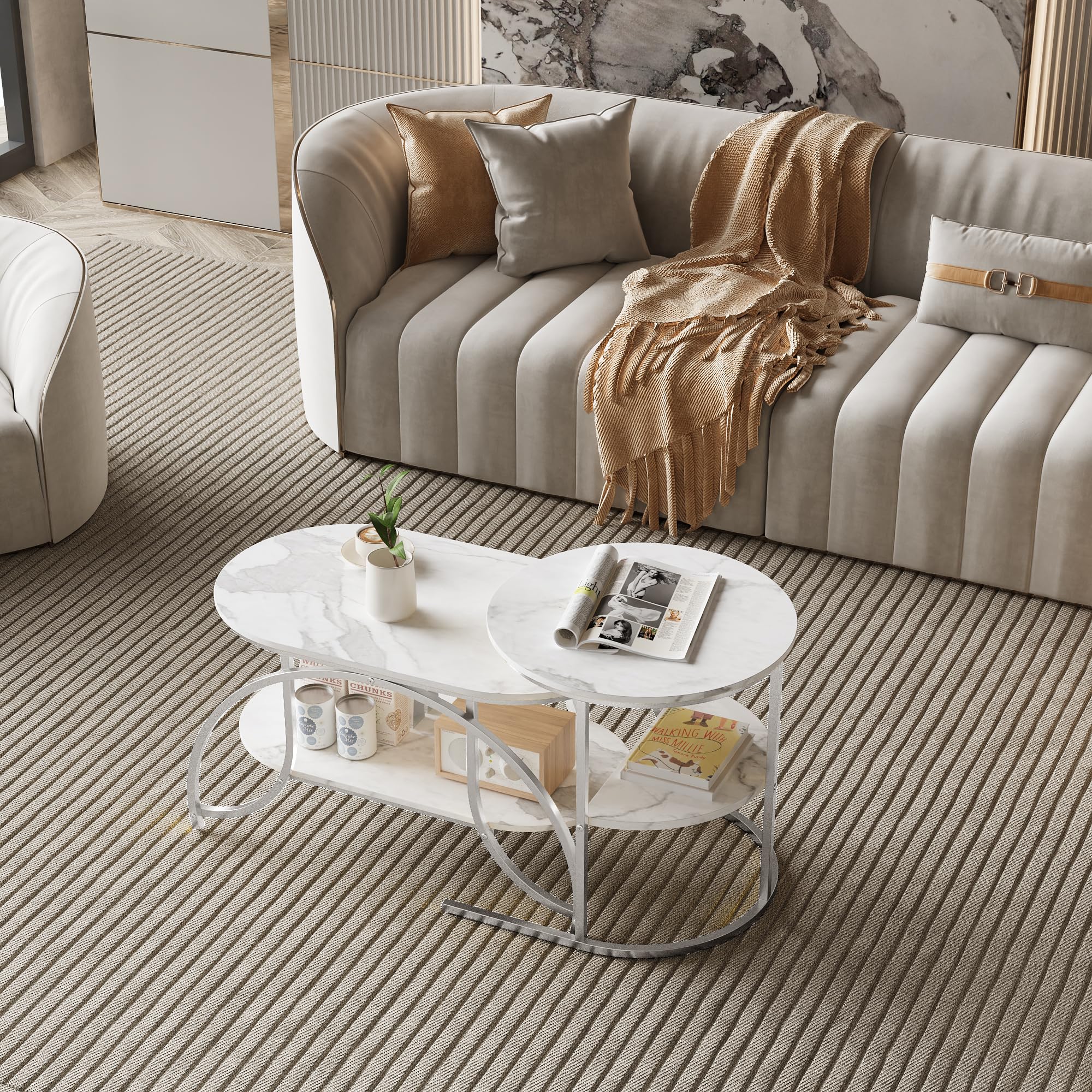 Lot de 2 Tables Basses, Table Gigogne Design Marbre, avec Espace de Rangement, Cadre en Métal, pour Canapé, Salon, Chambre (Argent + Blanc, 80x46x45 cm)