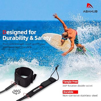 Abahub Surfboard Leash, 6/7/8/9/10 ft Straight Legrope Strap for Boards