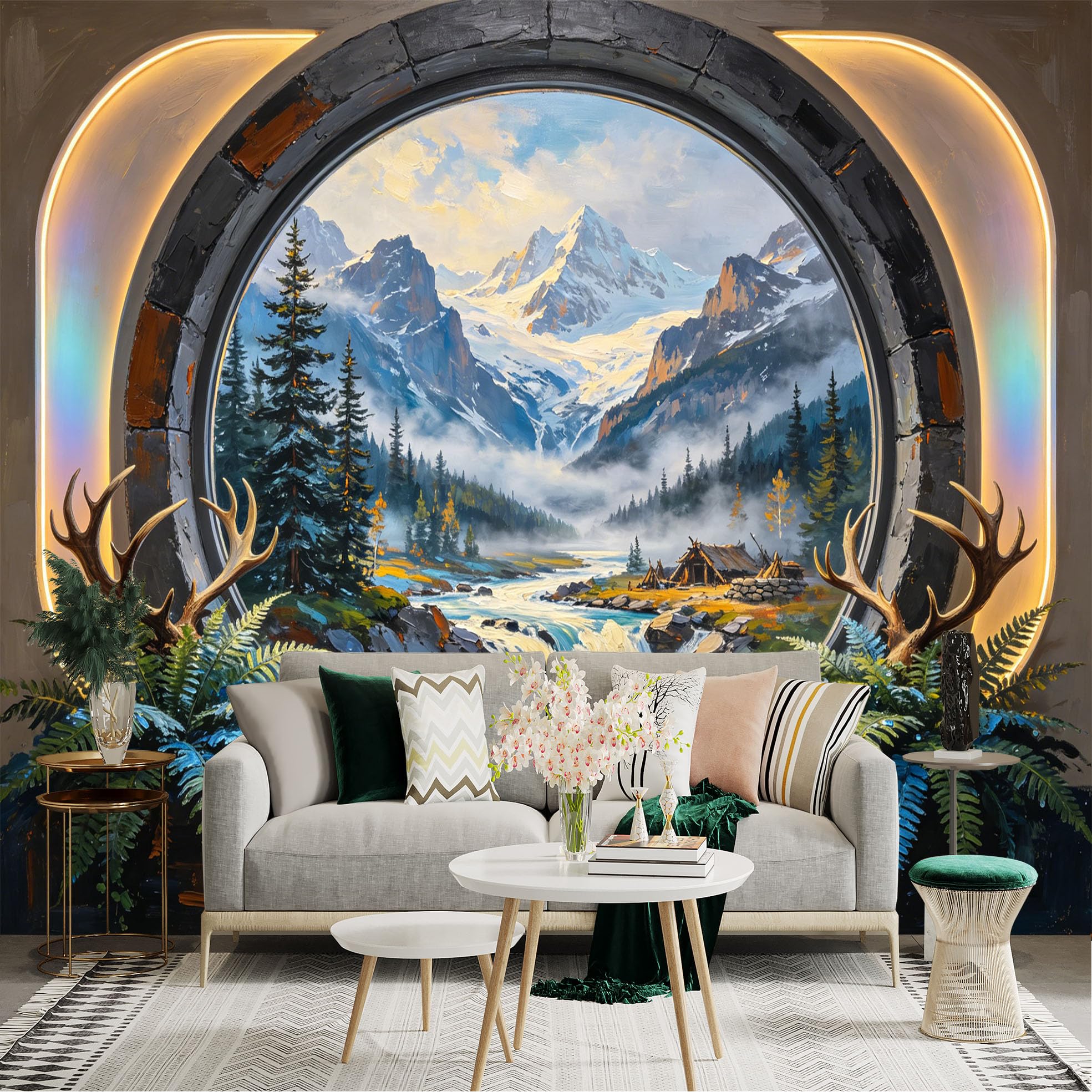 Custom Size Wall Sticker Mural， Mountain Landscape with River， Pines and Misty Valley View， for wall Decoration， peelandstick wall Decals.