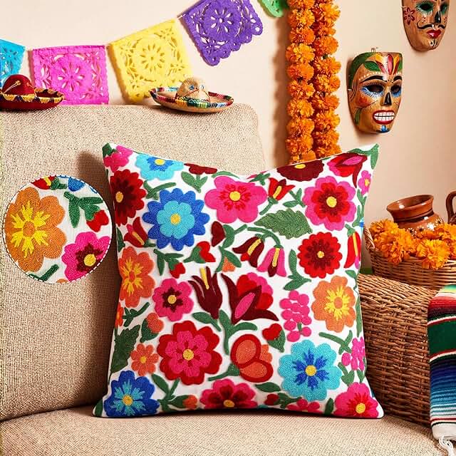 HunnmingRe Mexican Embroidered Throw Pillow with Insert 18 x 18 Inch Mex...
