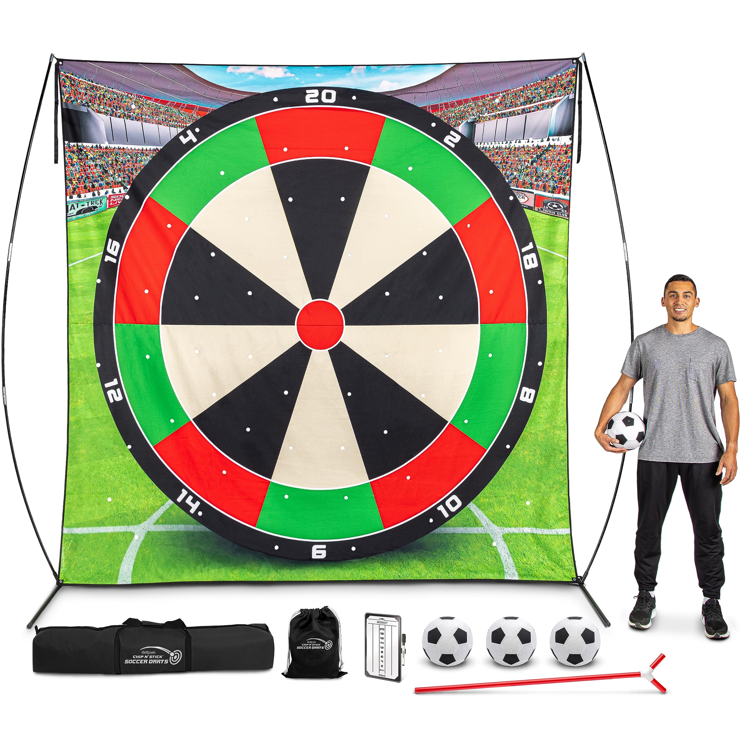 GoSports 10 FT Chip N' Stick Soccer Darts - Giant Kick Darts Game for Kids & Adults - Includes 4 Sticky Soccer Balls, Tote Bag, & Carry Case
