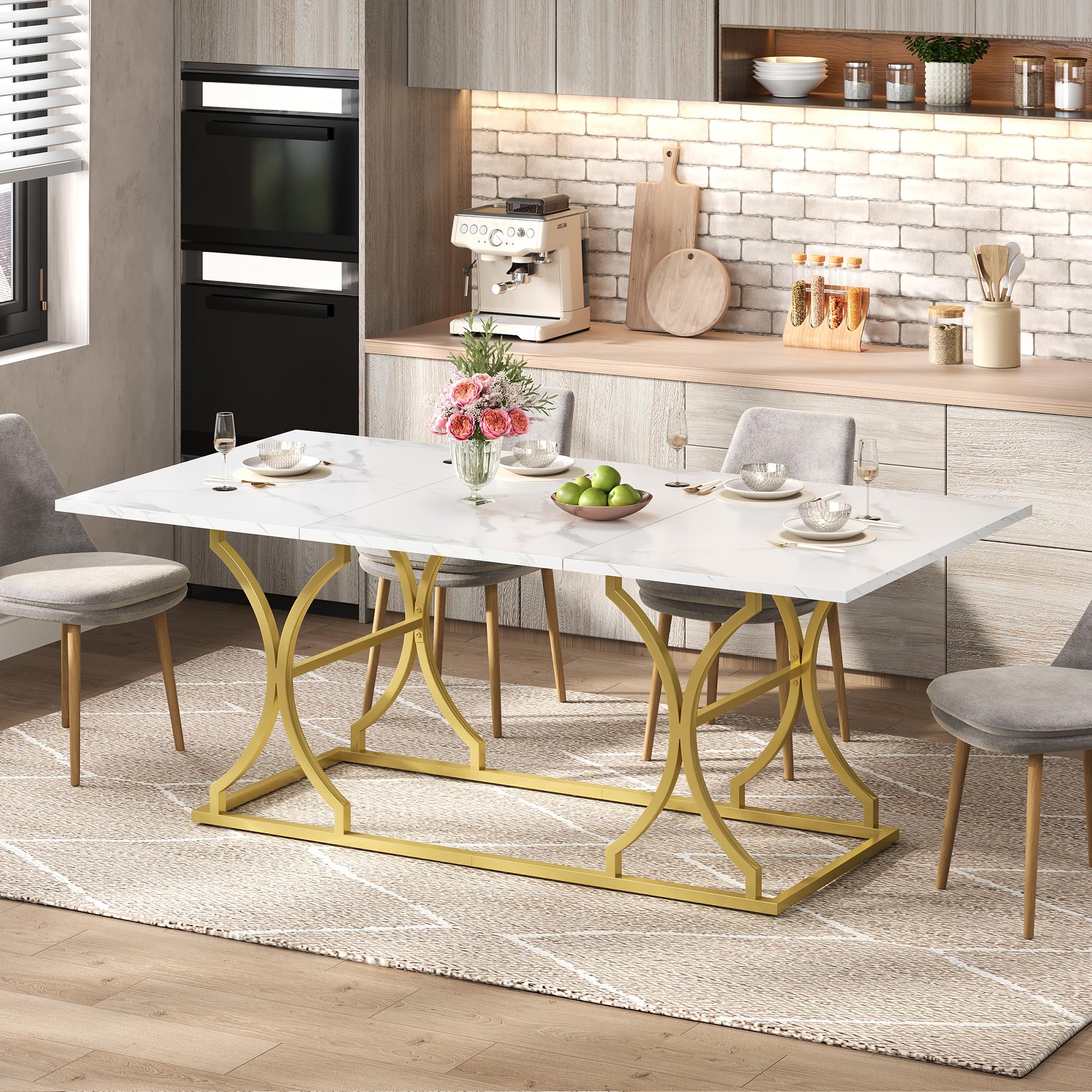 Table en marbre blanc et métal doré de 200 cm au design minimaliste et luxueux