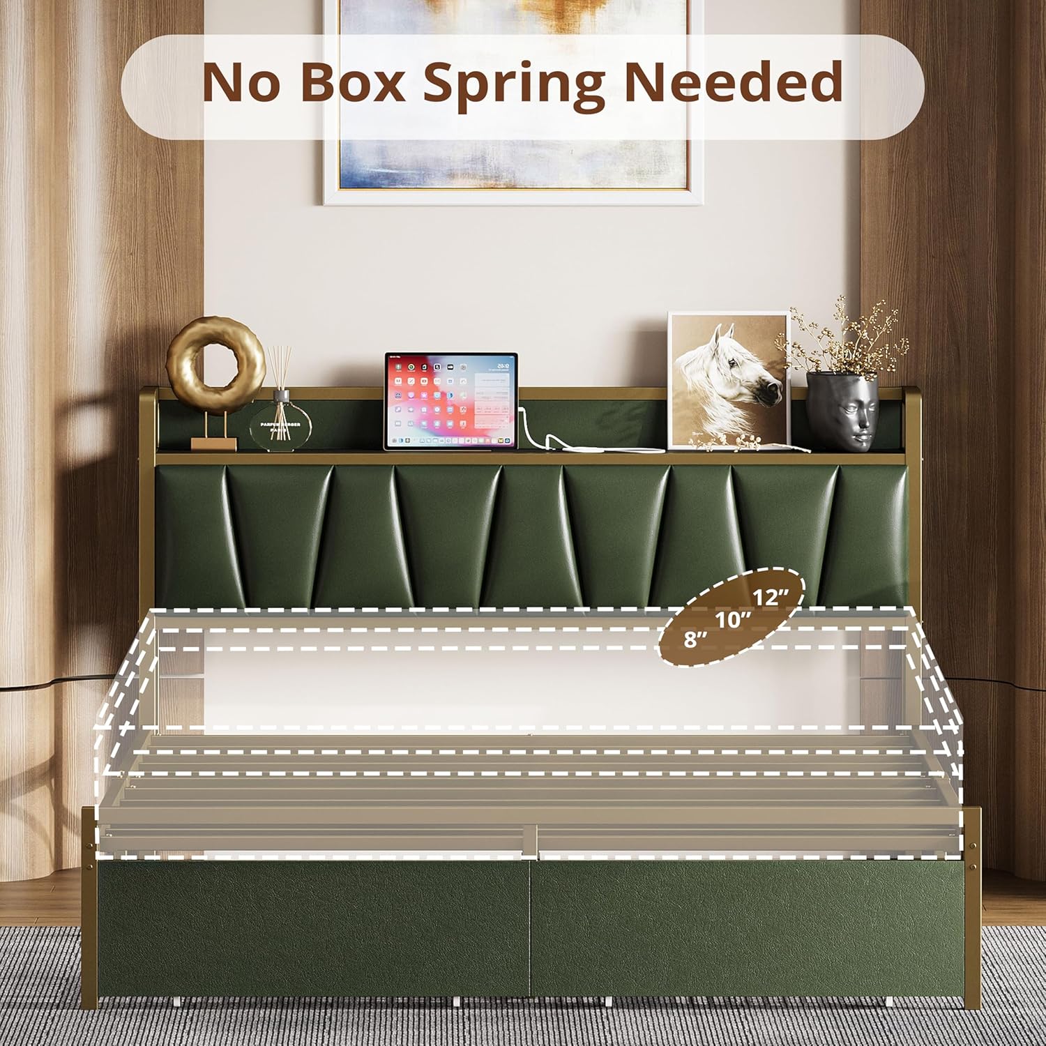 LIKIMIO Queen Bed Frame, Storage Headboard with Charging Station, Platform Bed with Drawers, No Box Spring Needed, Easy Assembly, Dark Green