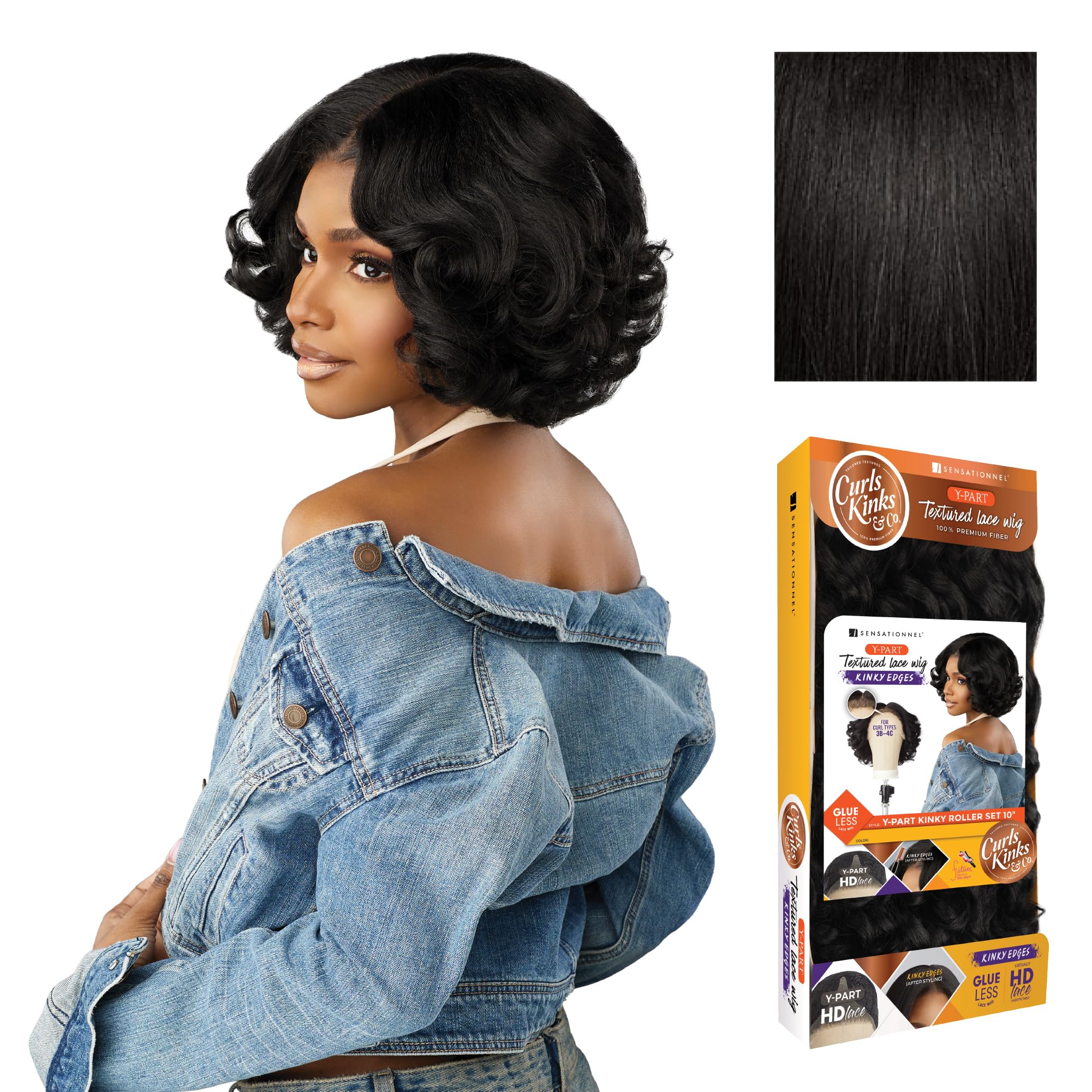 Sensationnel Curls Kinksandco Kinkyedges Wig - Kinky Roller Set da 25,4 cm e parte in pizzo naturale con texture kinkytexture, per capelli naturali 3C a 4C (1B OffBLACK)
