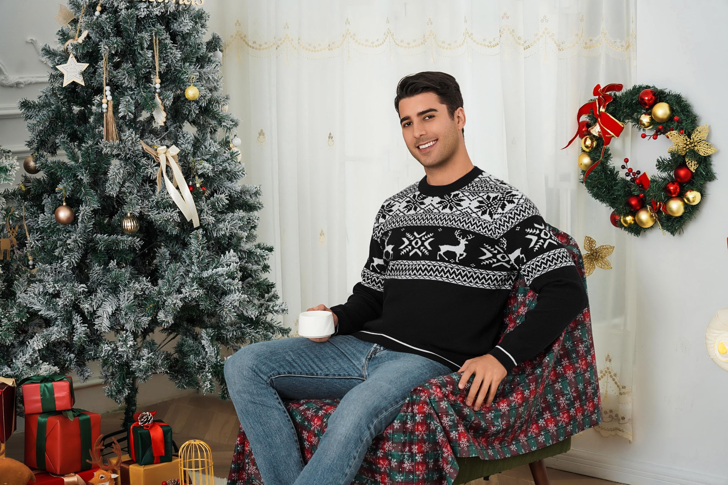 Pull de Noël Homme Col Rond Motif Renne | Motif renne et flocon, col rond et manches longues pour les fêtes, les soirées d’hiver et les cadeaux de Noël.
