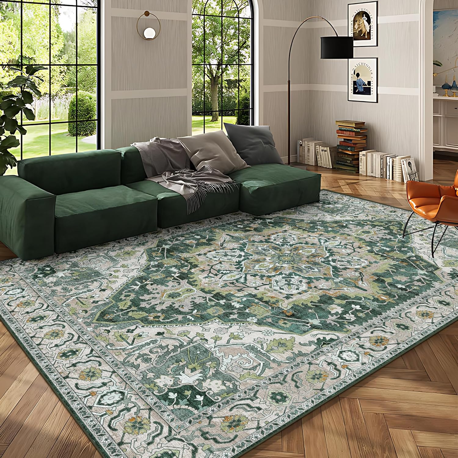 Green Large Area Rugs 9x12 Living Room Rug Boho Area Rug Washable Rugs 9x12 Vintage Rugs Indoor Large Bedroom Rug with Non Slip Rubber Backing for Under Dining Table Office Bedroom, Green Green 9'x12'