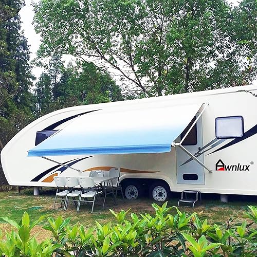 Awnlux 4-PLY Heavy Duty RV Awning Fabric Replacement Premium Grade Vinyl Camper Awning Replacement with Awning Press Plate & Pull Strap for RV Trailer Motorhome - 18'(Fabric 17'2"), Blue Ombre White