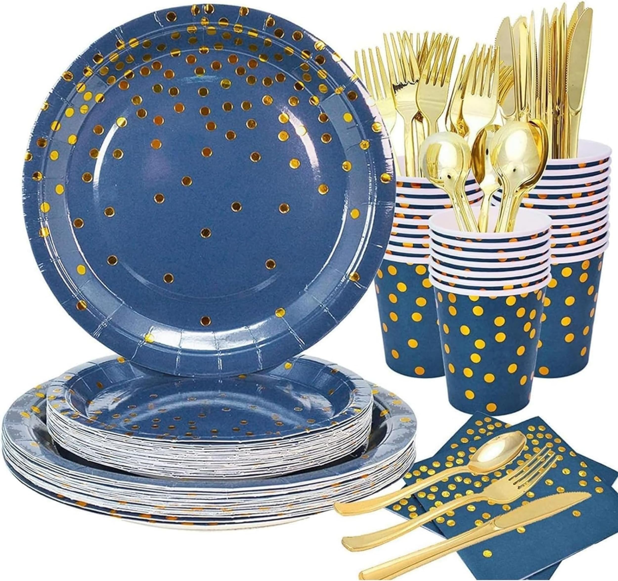 Navy Blue DecorMe Birthday Party Tableware Set, 96 Pcs Disposable Plates Cups Napkins Spoons Knives for 12 Guests - Elegant Design, Sturdy & Eco-Friendly - Perfect for Holiday, Camping & Picnic Events