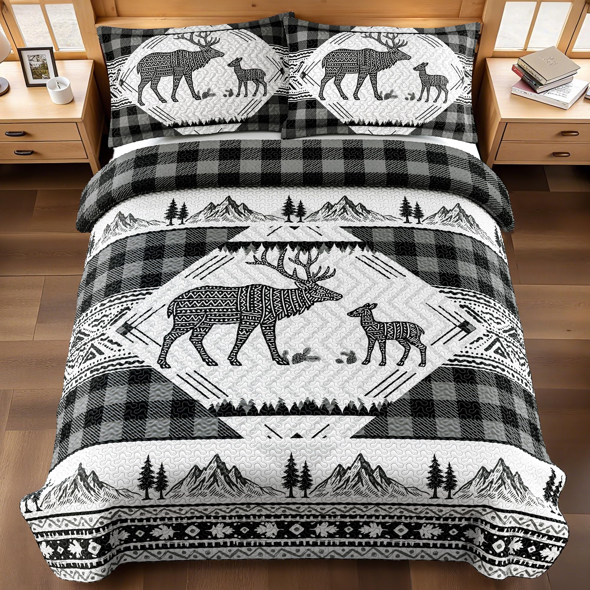 3 Piece Cabin King Size Quilt Sets Farmhouse Rustic Reversible Microfiber Soft Lightweight Bedspread Comforter with 2 Shams Patchwork Country Lodge Bedding Quilts Set for All Season, 106''x96'', Grey