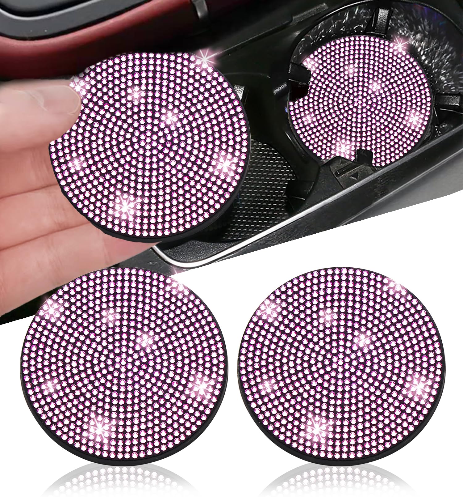 2pcs Bling Car Cup Holder Coaster, 2.75 inch Anti-Slip Shockproof Universal Fashion Vehicle Car Coasters Insert Bling Crystal Rhinestone Auto Automotive Interior Accessories for Women (2 pcs, Pink)