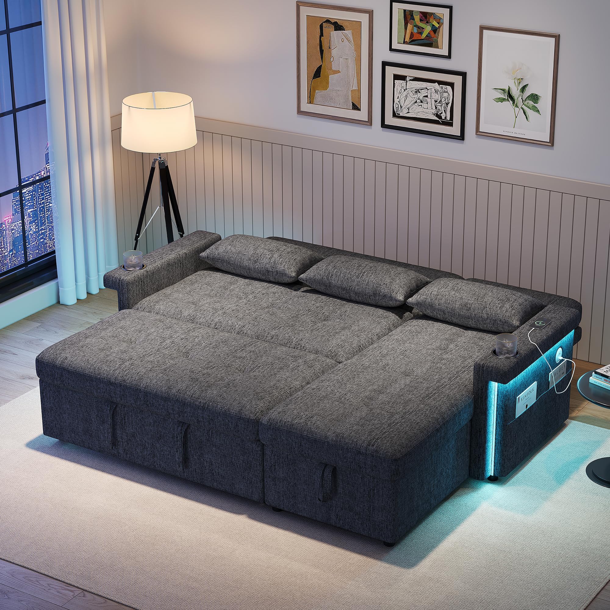 Divano ad angolo con funzione letto, 3 posti, divano L piccolo, divano ad angolo con illuminazione e prese USB, divano con spazio di archiviazione, schienale regolabile – soggiorno, grigio+