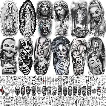 73 Pcs Halloween Temporary Tattoos for Women Men Adult Chorochola, Our Lady of Guadalupe Tattoo Stickers Religious Chica Gangster Prisoner Mexican Culture Joker Fake Tattoos Jesus Christ