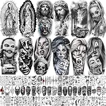 73 Pcs Halloween Temporary Tattoos for Women Men Adult Chorochola, Our Lady of Guadalupe Tattoo Stickers Religious Chica Gangster Prisoner Mexican Culture Joker Fake Tattoos Jesus Christ