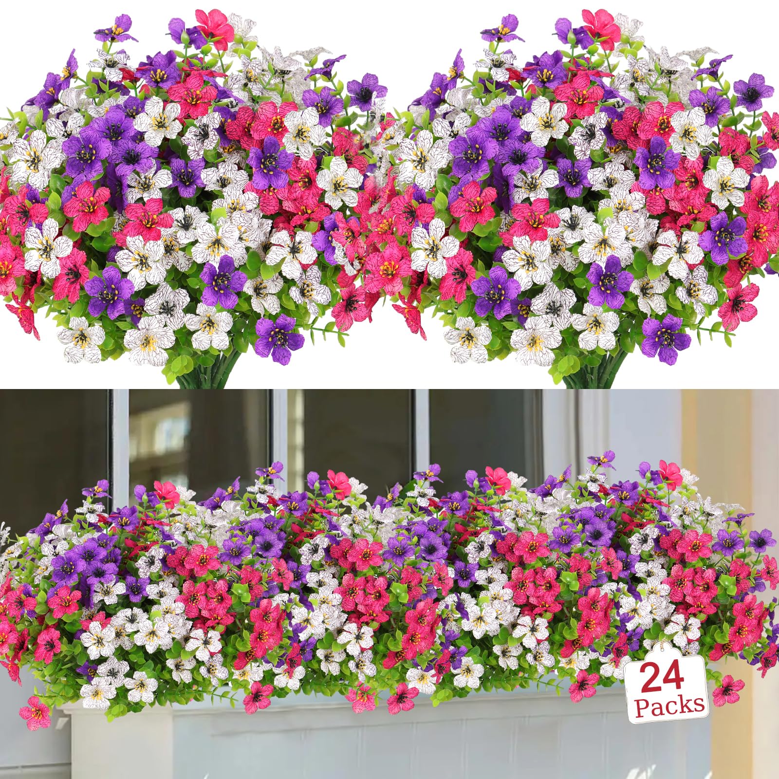 LOMOHOO 24 Bundles Artificial Flowers Outdoor UV Resistant Fake Flowers No Fade Faux Plants Garden Porch Window Box Decorating (8 White, 8 Purple, 8 Magenta)