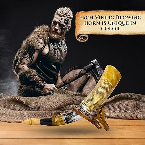 Miniatura 5 de Cuerno de guerra vikingo  Trompeta de batalla de cuerno de buey genuino de 16 pulgadas  Cuerno de soplado grabado a mano de primera calidad para
