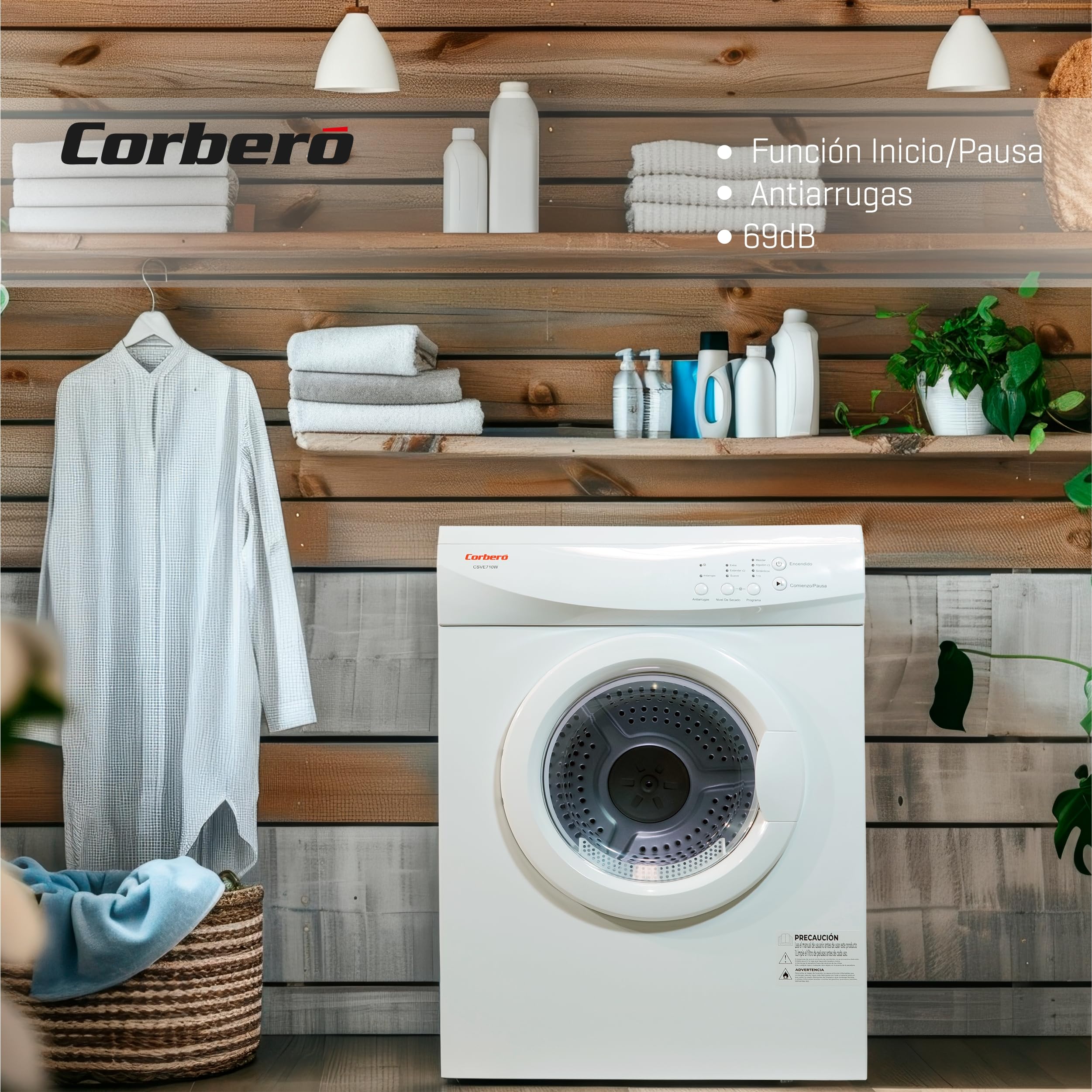 Corberó - Secadora de Evacuación | CSVE710W | 7 Kg | Carga Frontal | Indicadores LED | 4 Programas | Función Antiarrugas | 69 dB | Apertura 180º | Blanco