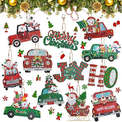 AnyDesign 12 llaveros de pintura de diamantes de Navidad hechos a mano camión Papá Noel muñeco de nieve pintura de diamante colgante de mosaico de disponible en Yaxa Colombia