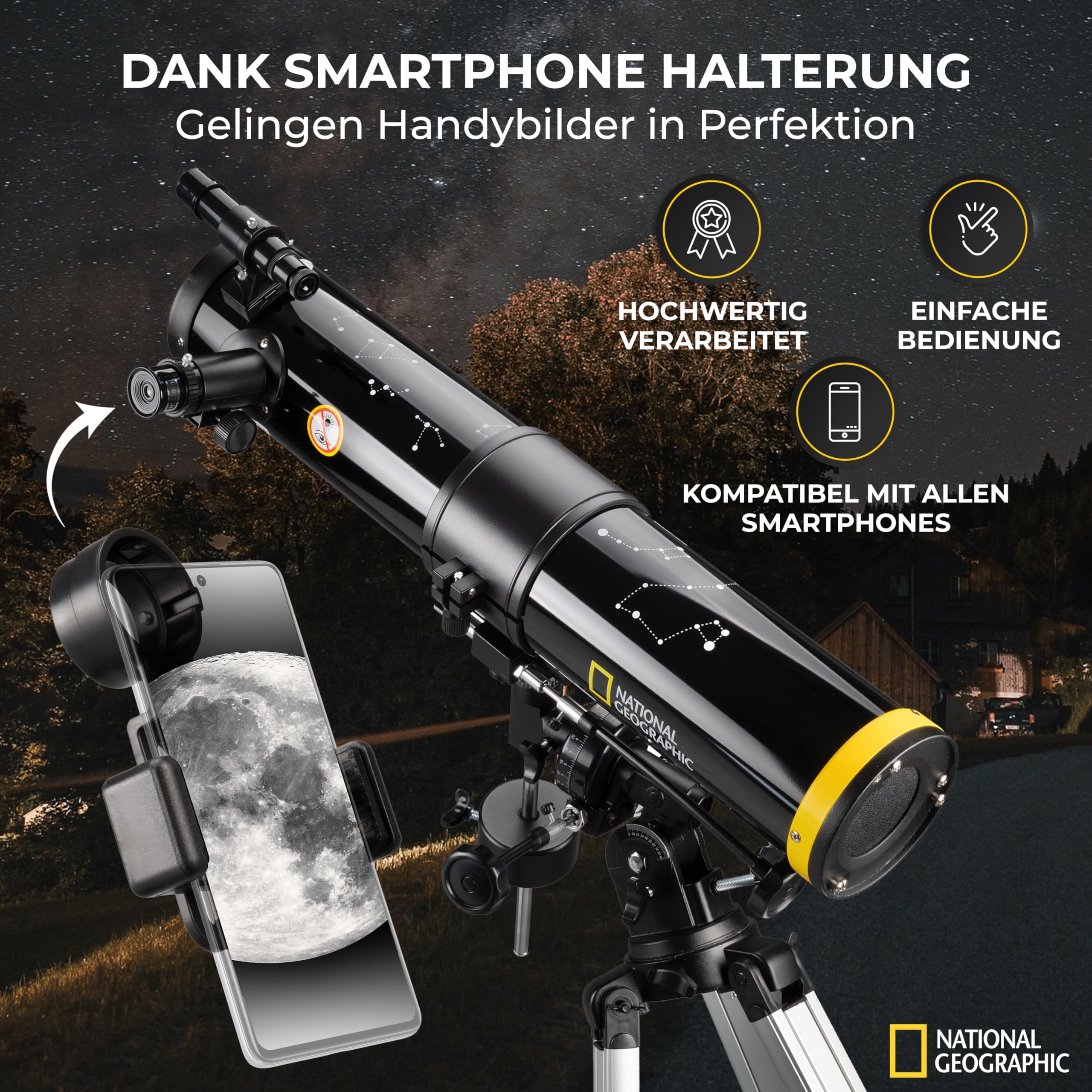 National Geographic 76/700 - Reflector telescopio para Principiantes, 76 mm, Montaje ecuatorial, Incluye Soporte para Smartphone y trípode