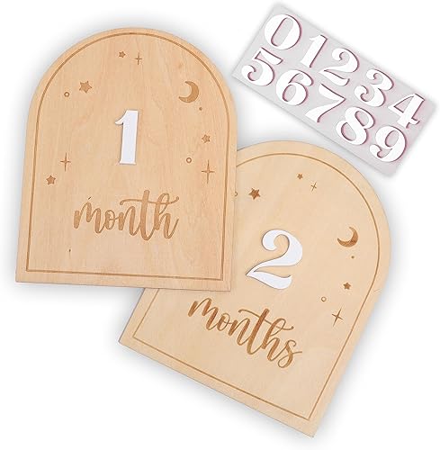 Juego de tarjetas de hitos intercambiables de noche estrellada de madera, letrero de hitos de mi primer año, marcador de hitos mensuales de