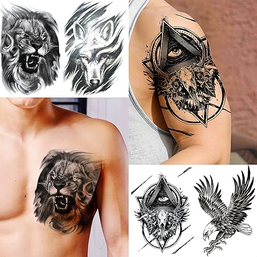 Miniatura 6 de VANTATY 50 hojas de tatuajes temporales negros para hombres y adultos animales de lobo león dragón falsos pequeños tatuajes temporales para mujeres