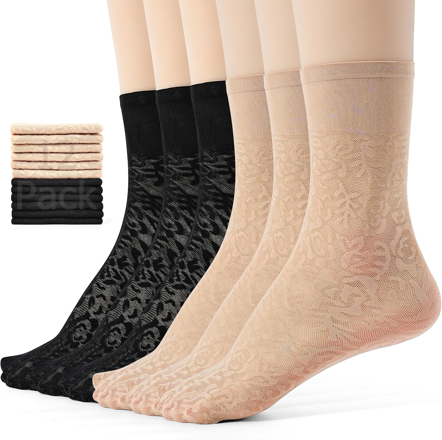Jeasona 12 Pairs Women’s Sheer Ruffle Socks, Polka Dot Mesh Lace Crew Nylon Transparent Dress Socks