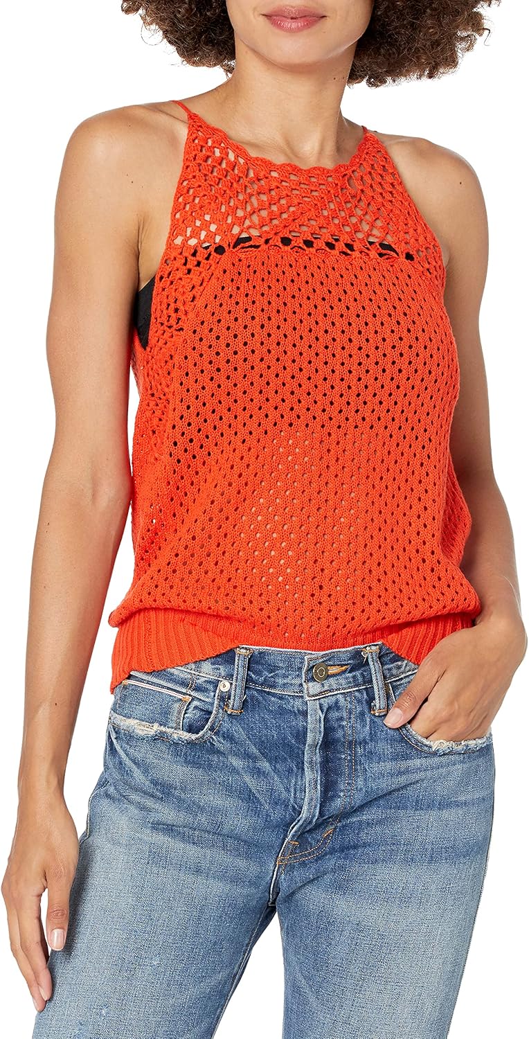 BCBGeneration Women's High Neck Crochet Detail Top - Floral Stitch Sweater Material, Machine Washable