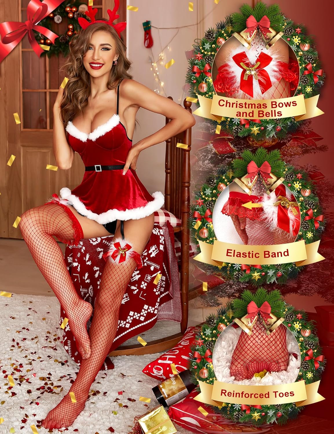 RSLOVE Women Christmas Thigh High Stockings Sexy Santa Fishnet Lingerie Red Hosiery Pantyhose - Image 3