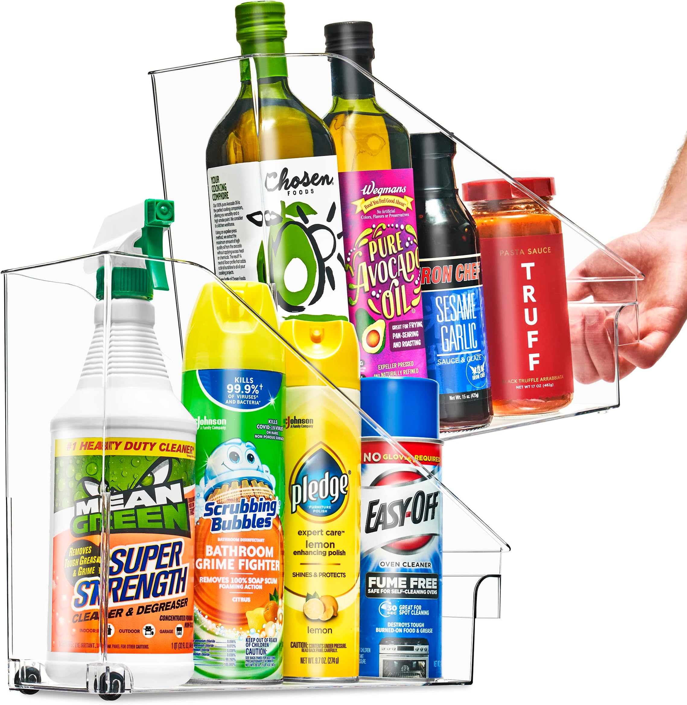 Roll Out Bottle Organization Bins - Pantry Under Sink Organizer with Wheels & Handles, Clear Plastic Organizing Containers for Bottles & Cleaning Supplies - Kitchen Cabinet Laundry Room Storage