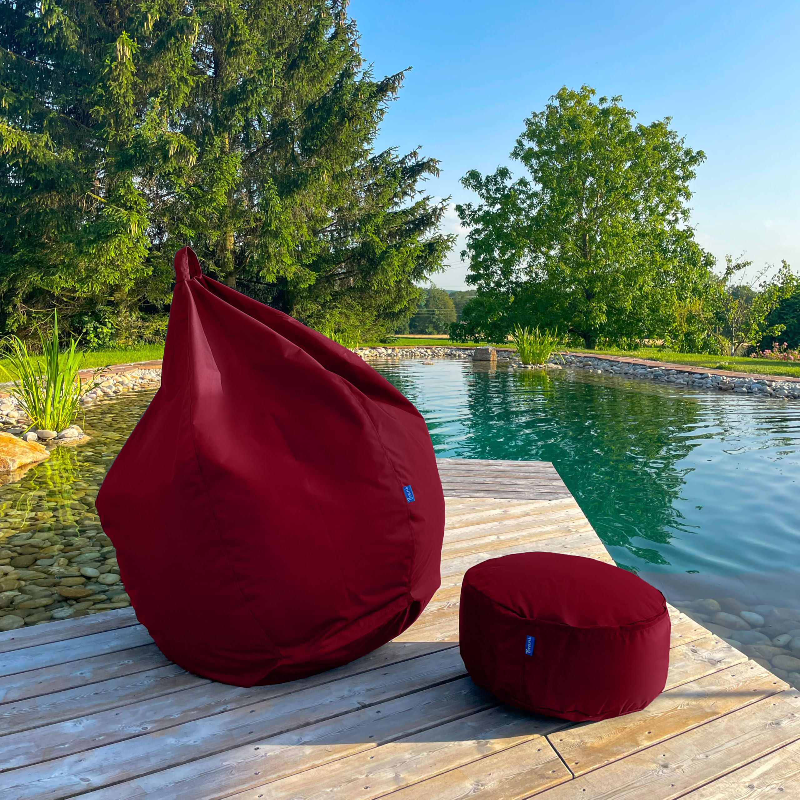 Bruni Pouf Rotondo L Bordeaux – Pouf poggiapiedi per interni ed esterni, Sgabello a sacco con imbottitura in perle EPS, Cuscino rotondo da Yoga e meditazione, Fodera lavabile