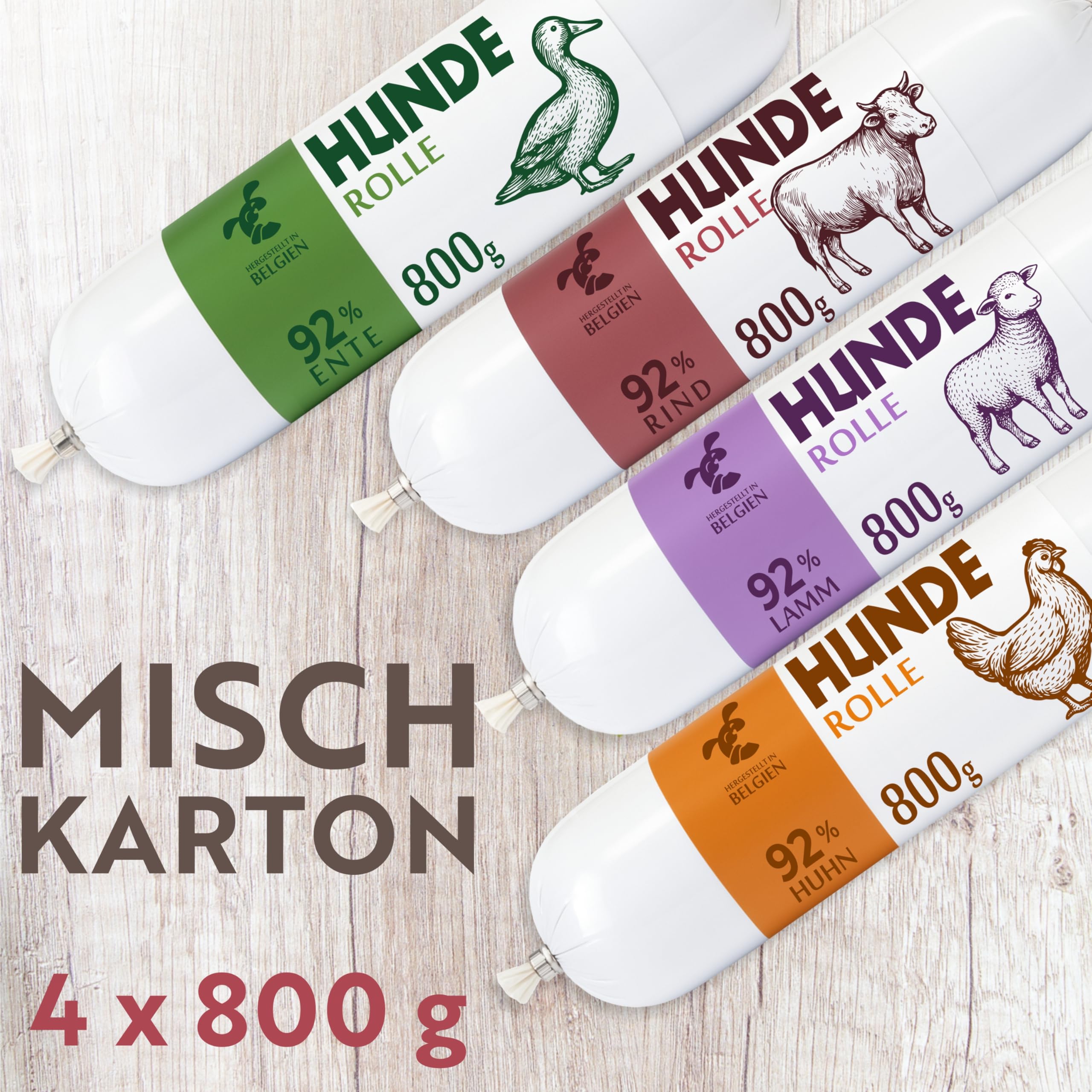 Mix Hundewurst schnittfest – 1 x Huhn, 1 x Ente, 1 x Lamm, 1 x Rind – Hunde-Rolle 4 x 800g (3,2kg) – getreidefreies Hundefutter mit hohem Fleischanteil – Nassfutter