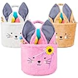 Rejolly Easter Bunny Basket for Kids, 3 Pack Easter Egg Hunt Plush Bucket Bags for Baby Boys Girls Candies Storage Basket Easter Party Gifts Pink Brown White