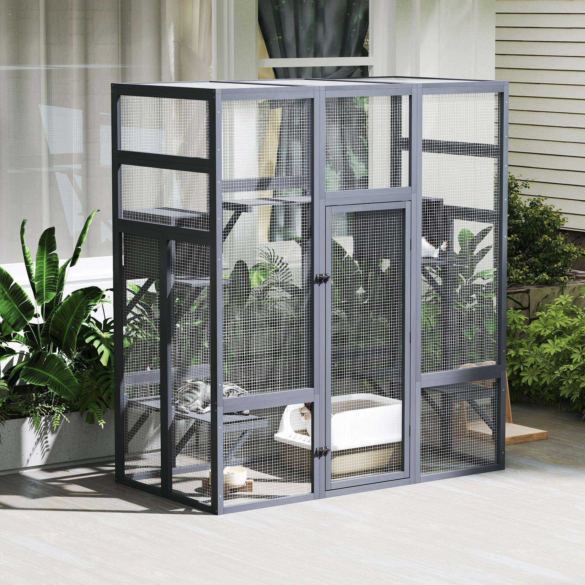 Catio Zewnętrzny wybieg dla kotów, duży wybieg dla kotów, 159 x 82 x 178 cm, domek dla kotów z mostami, spacerami, małymi domkami, zadaszeniem (kolor ciemnoszary)