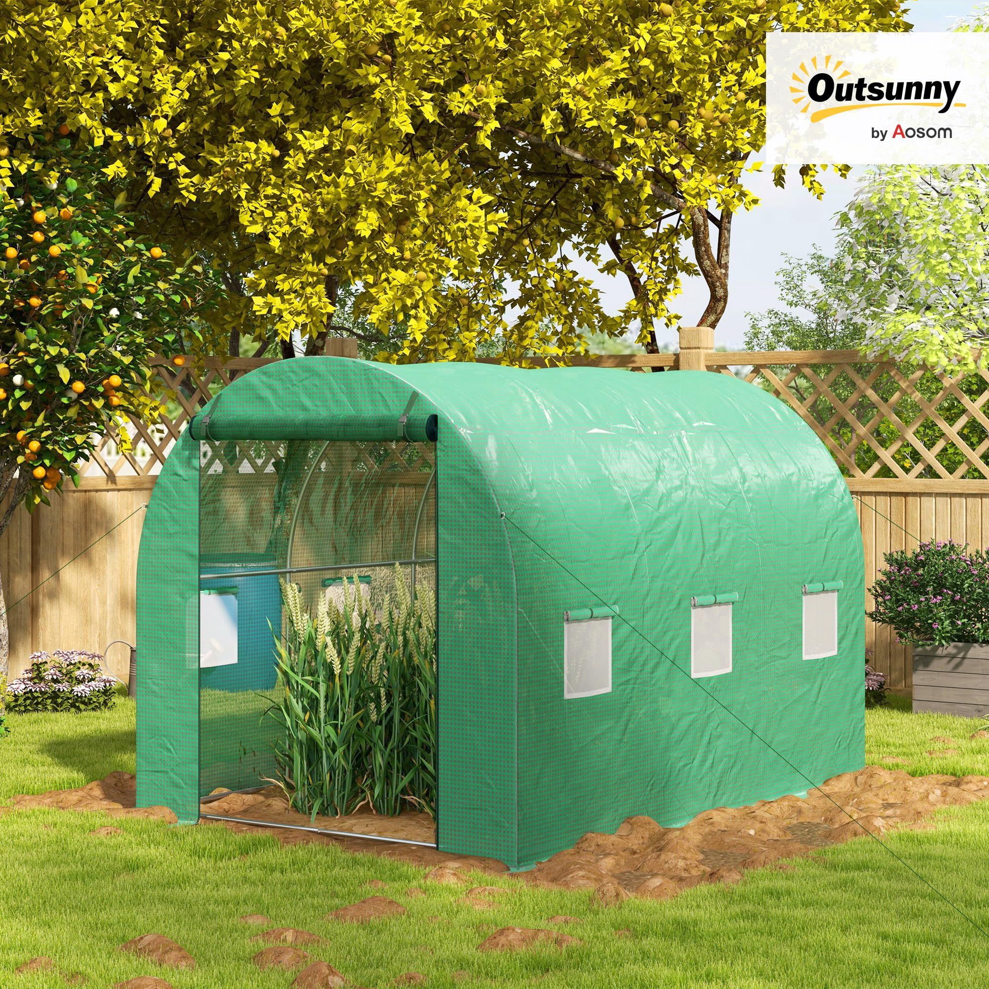 Outsunny Serre de Jardin Tunnel 6 m² Serre à tomates avec système d'arrosage intégré 3L x 2l x 2H m Acier renforcé + PE Haute densité 140 g/m² 6 fenêtres Porte Enroulable Vert