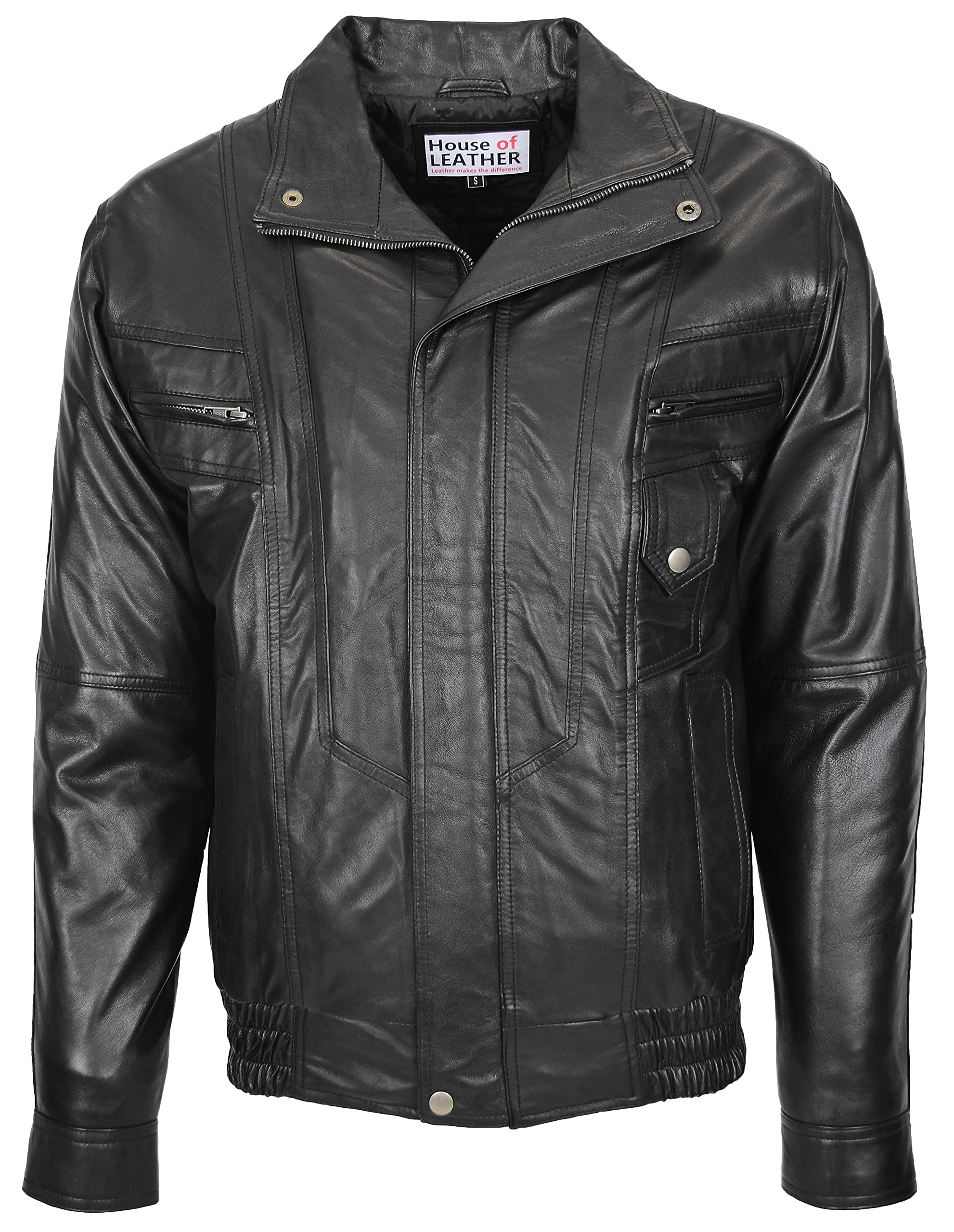 House Of Leather Men's Black Real Leather Bomber Jacket Classic Blouson Style Robert (L, )
