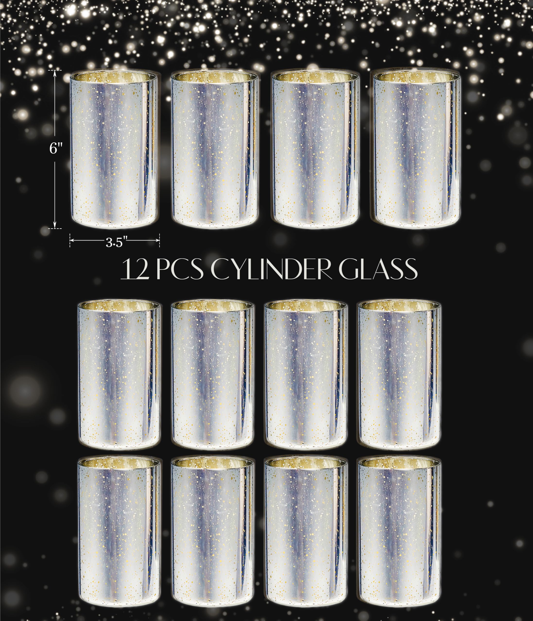 Willceka Set di 12 vasi cilindrici in argento per centrotavola, vaso in vetro moderno, portacandele decorativo a forma di uragano, per portacandele a colonna, fiori per centrotavola da tavola