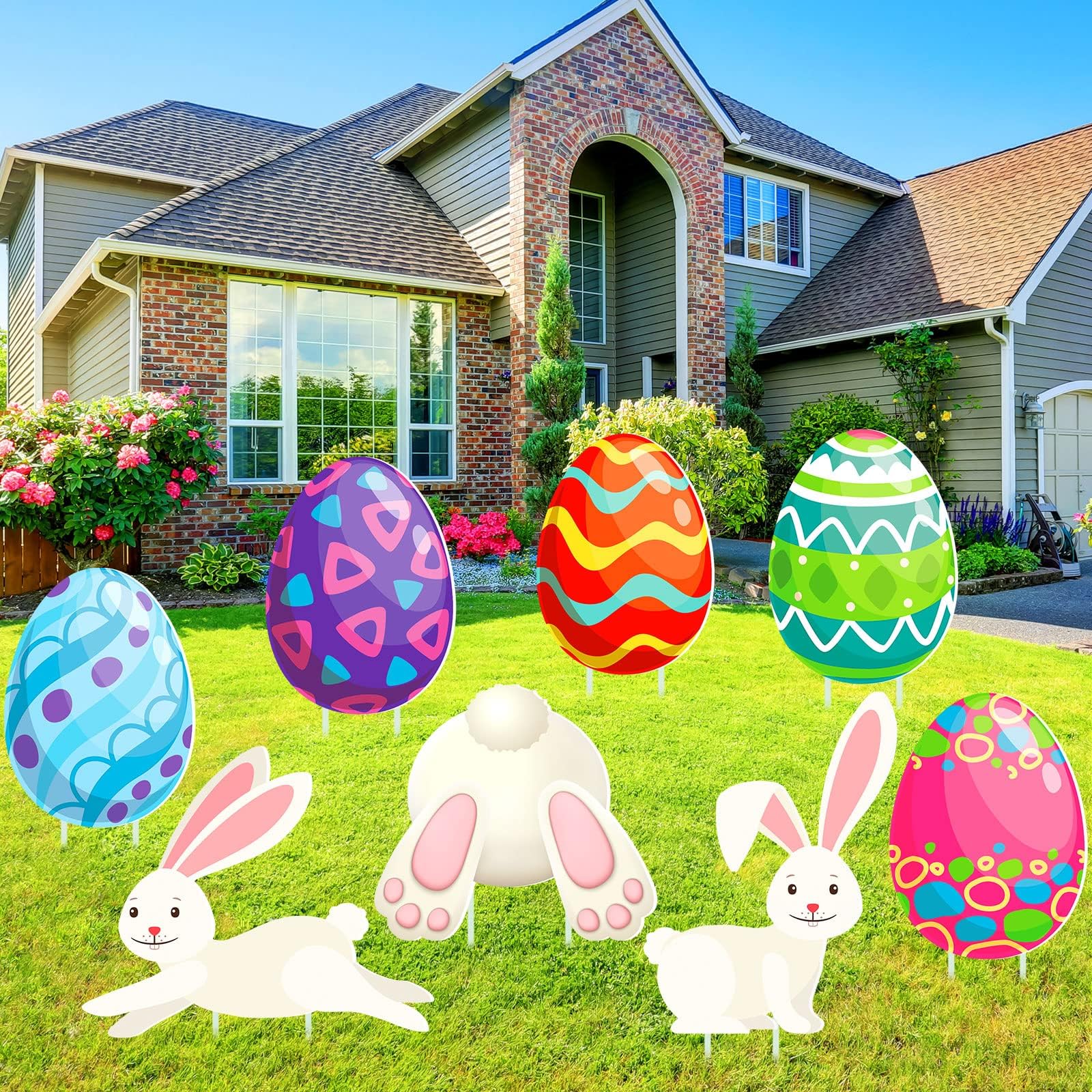 Yookeer 8 Pcs Easter Yard Signs Egg Bunny Easter Outdoor Decorations Yard Stakes Decor for Spring Holiday Yard Lawn Party Supplies