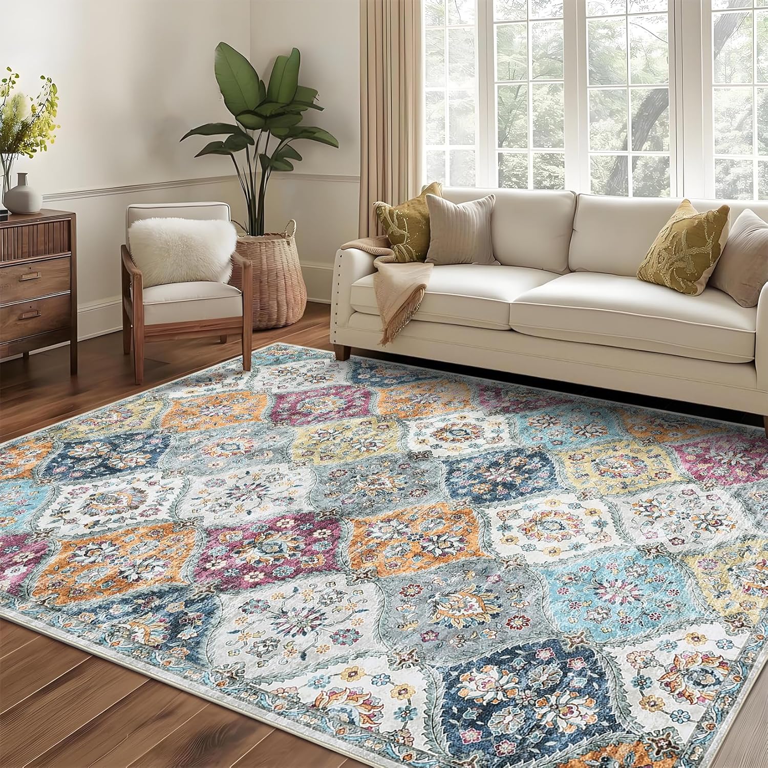 Washable Area Rug 9x12 Rug for Living Room Vintage Trellis Rug Non-Slip Large Area Rug for Bedroom, Soft Stain Resistant Low Pile Oriental Carpet for Dining Room Classroom, Yellow Purple