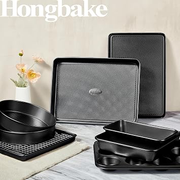 HONGBAKE 9-Piece Baking Pans Set Nonstick, Stackable Non Toxic Bakeware Sets with Diamond Texture, Oven Pan Set for Cooking, Includes Cookie Sheet with Rack, Cake Pan, Roasting Pan, Muffin Tin, Gray