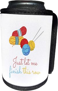 Can Cooler Bottle Wrap - Red, yellow, blue yarn, knitting pins. Just let me finish this row Alexis Design - Knitting Slogans