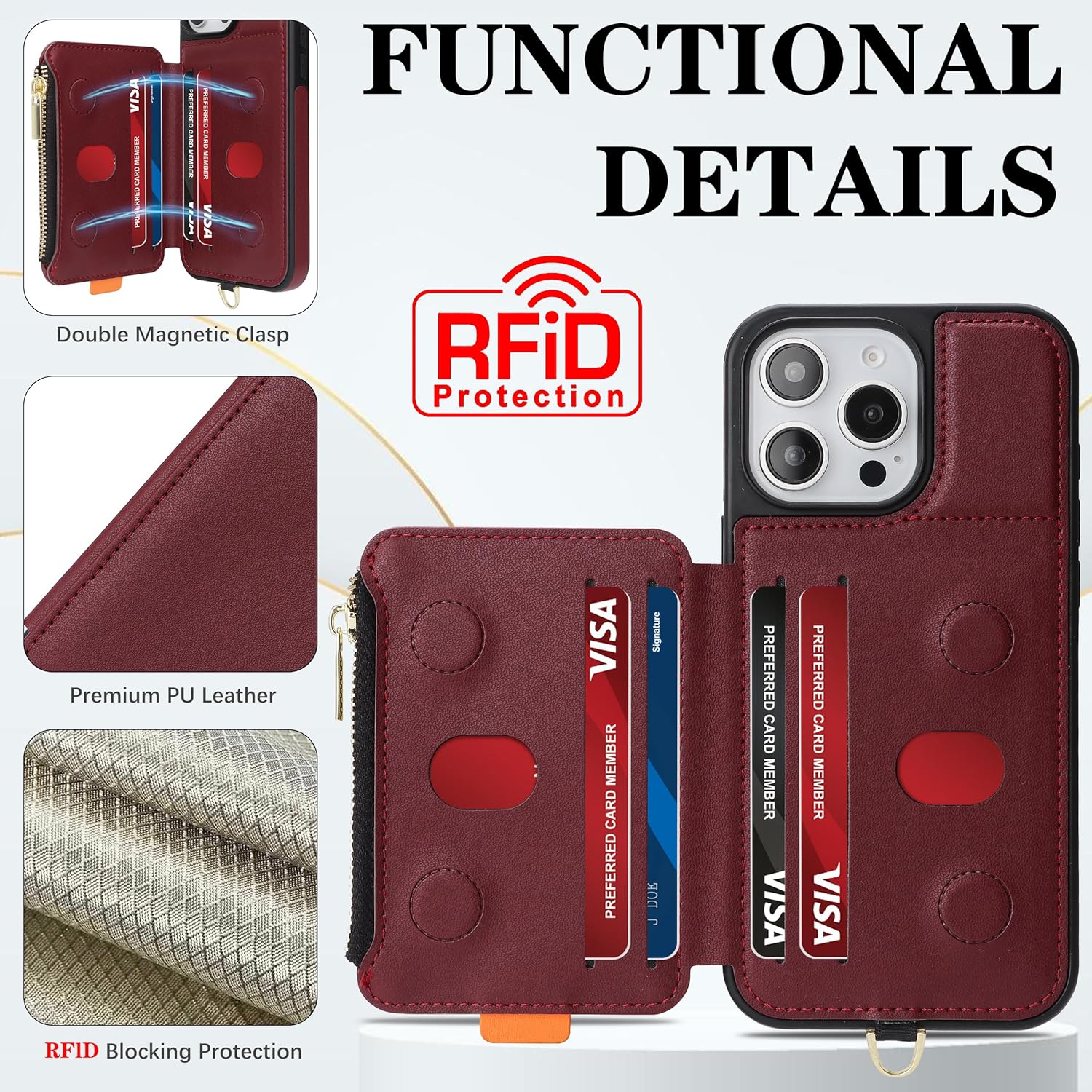 GUERNICA for iPhone 16 Pro Wallet Case with Card Holder, RFID Blocking PU Leather Case for Men and Women, Wrist Strap Zipper Credit Card Slot for Apple 16 Pro 6.3" Phone Case, Wine Red - Image 3