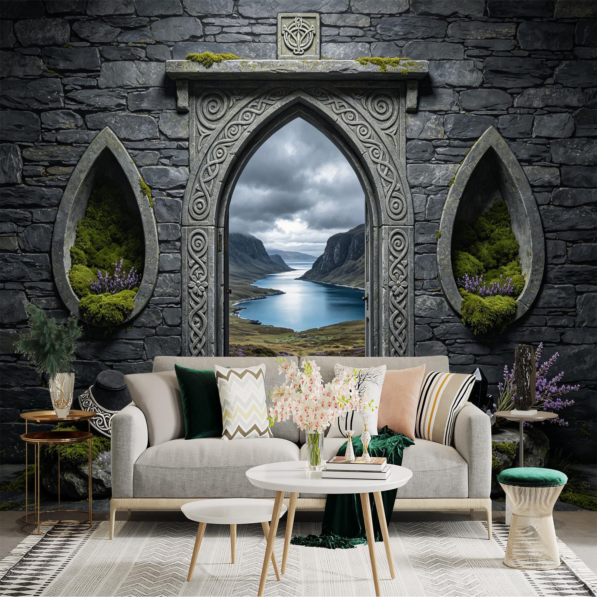 Custom Size Wall Sticker Mural， Mystic Stone Archway， Mountain Lake Valley Landscape， for wall Decoration， peelandstick wall Decals.