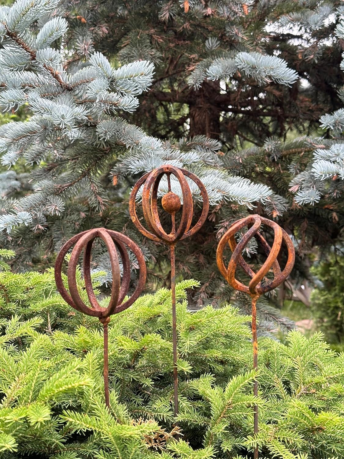Rusty Finials Set of 3, Garden Stakes Metal Decor, Yard Art, Outdoor Rusty Sculpture, Garden Art
