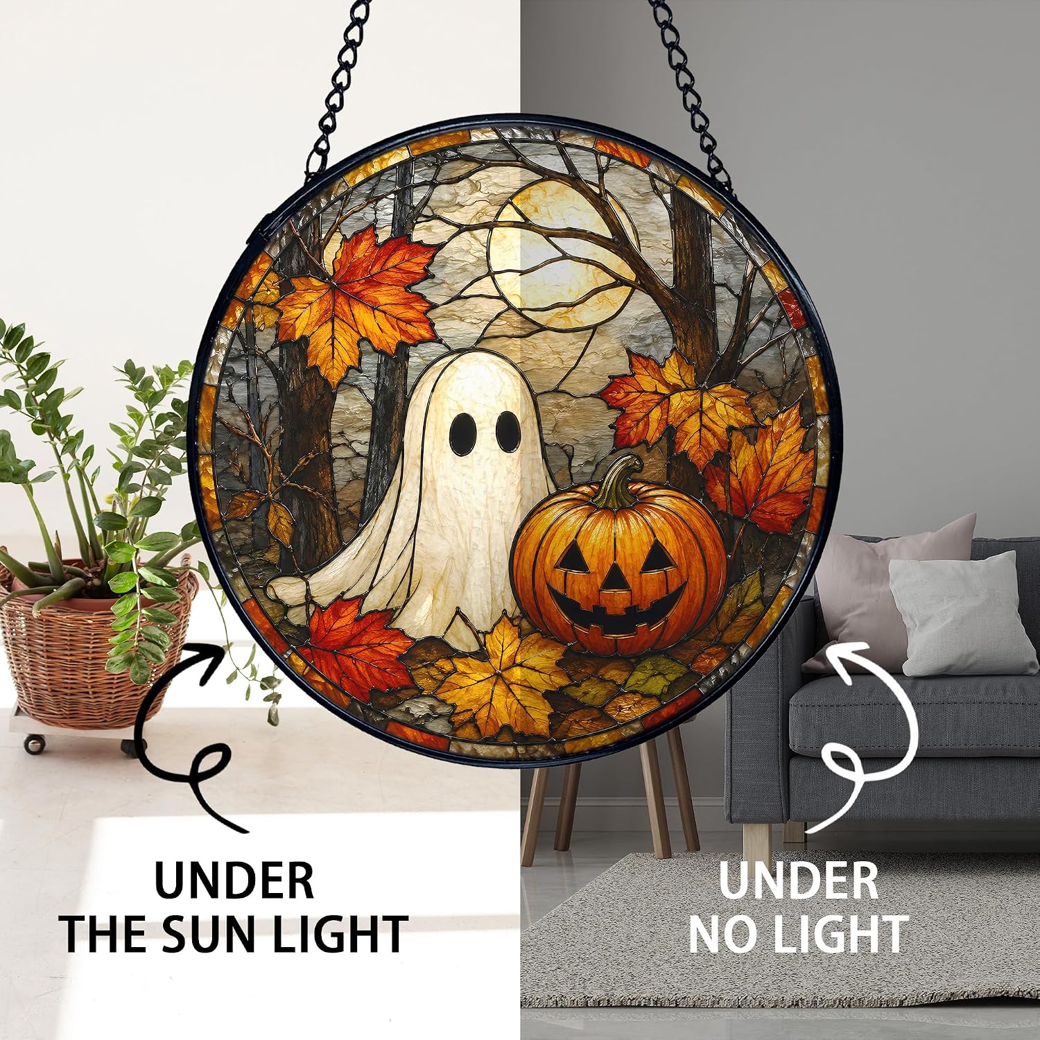 TNUW Halloween Ghost Pumpkin Stained Glass Window Hanging Suncatcher 7.9"