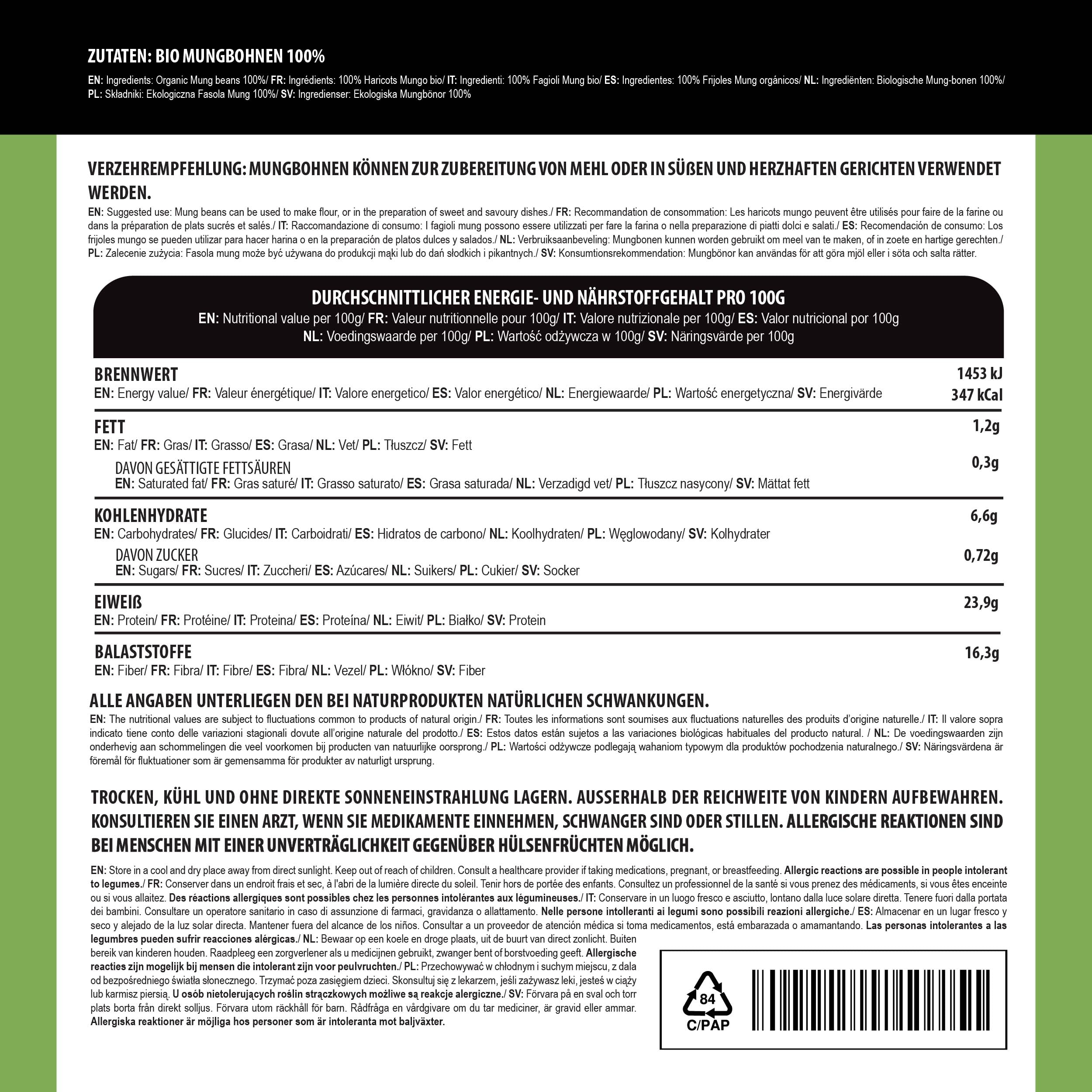 Alpi Nature Frijoles Mungo Orgánicos 500g, Frijoles Verdes Enteros sin Gluten