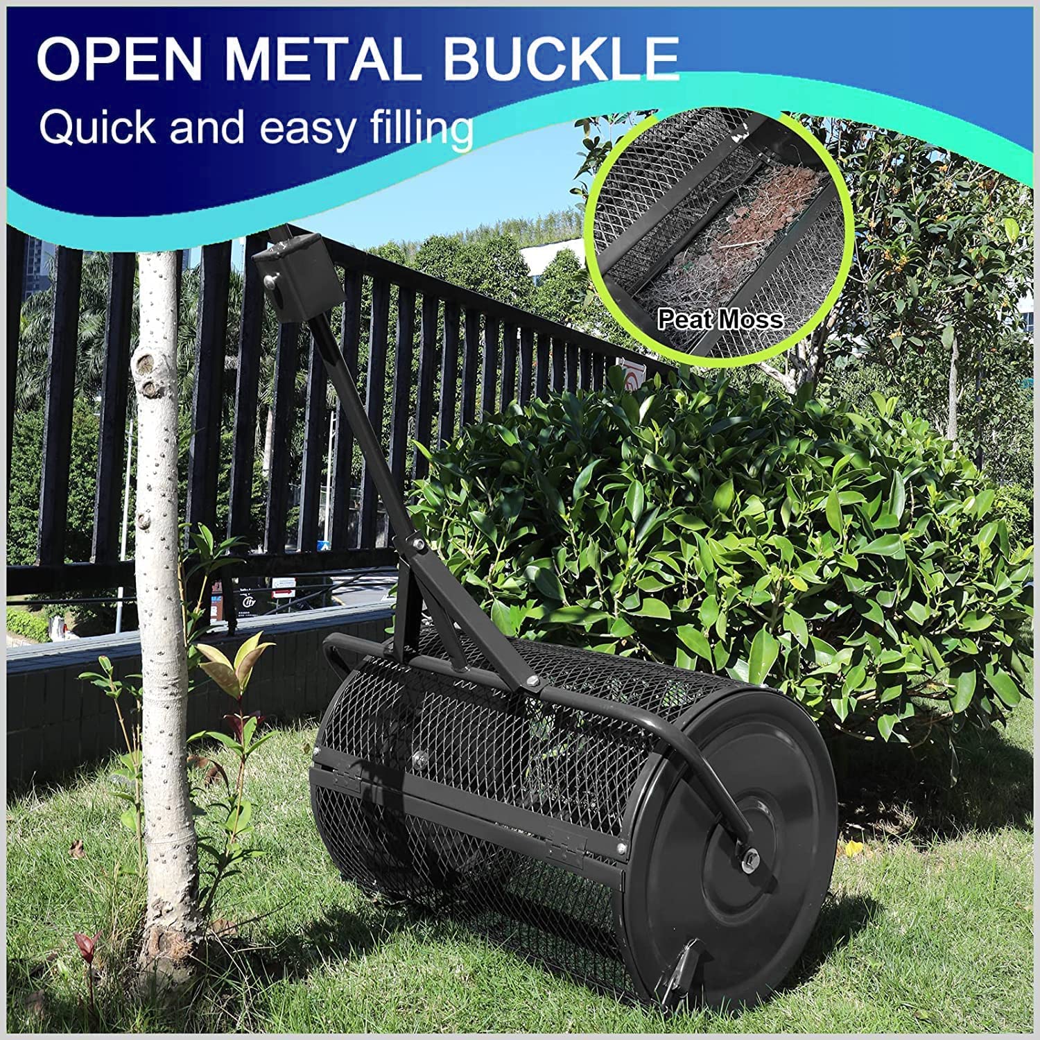 Esparcidor de compost, herramienta de malla de metal duradera con mango triangular para césped y jardín, ideal para plantar, sembrar y esparcir estiércol