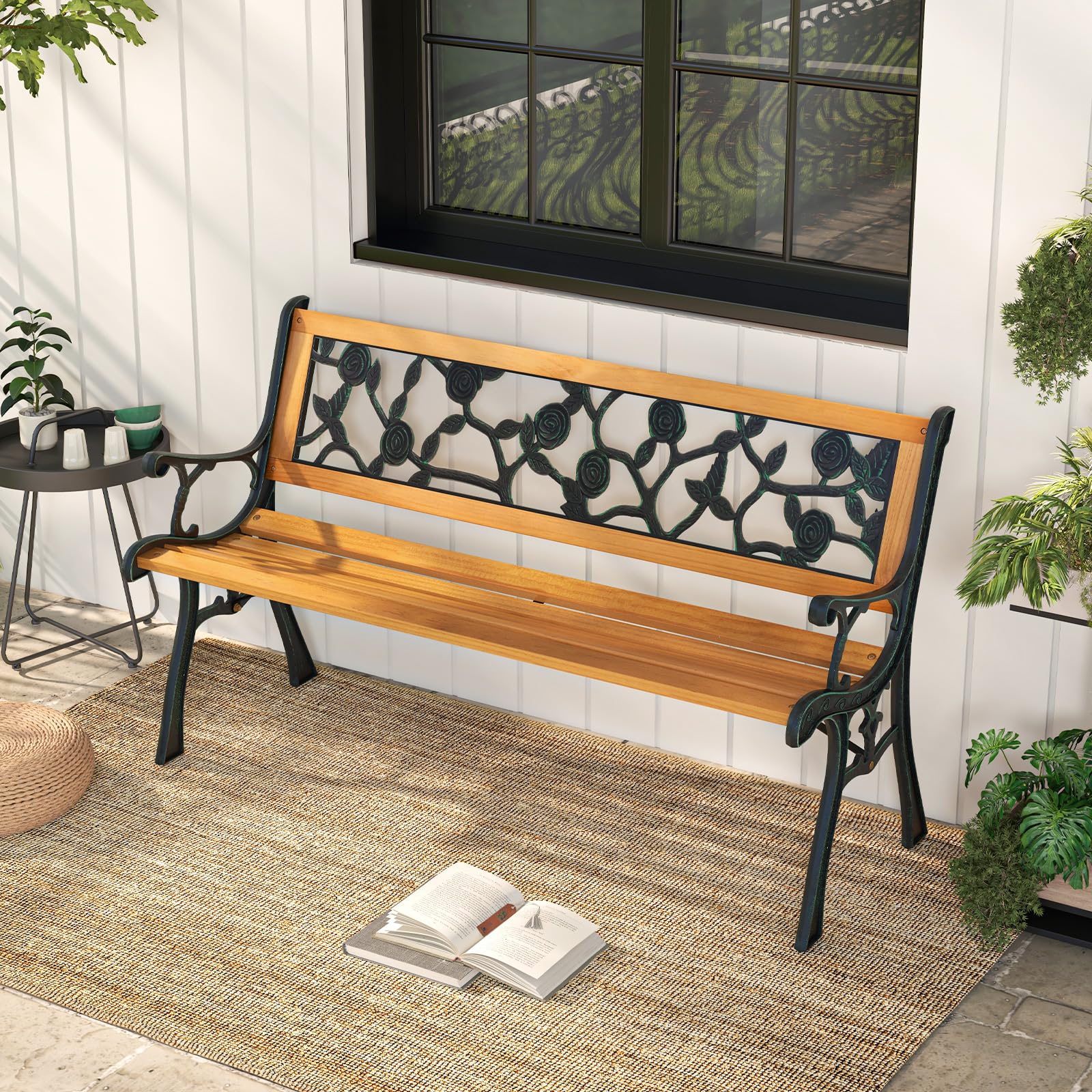 GOPLUS Banco Jardín Exterior de 3 Plazas, Banco de Madera de Pino con Estructura Metálica, Reposabrazos, Respaldo Decorativo, Asiento Listonado para Jardín Parque Patio (Estilo 1, 126 x 52 x 74 cm)
