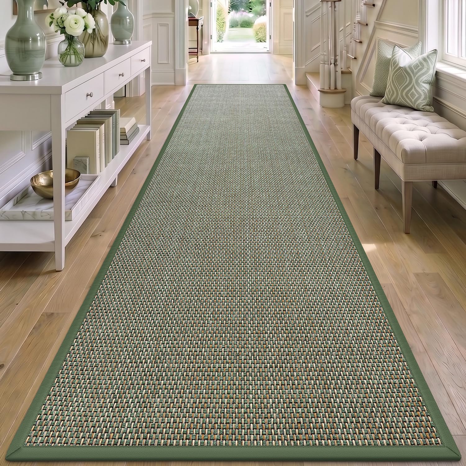 DEXI Runner Rug 80 x 300 cm, Non-slip Dirt Trapper Door Mat Inside with Rubber Backing, Low Profile Indoor Floor Mats for Hallway Entrance, Doorways, Porch, Green
