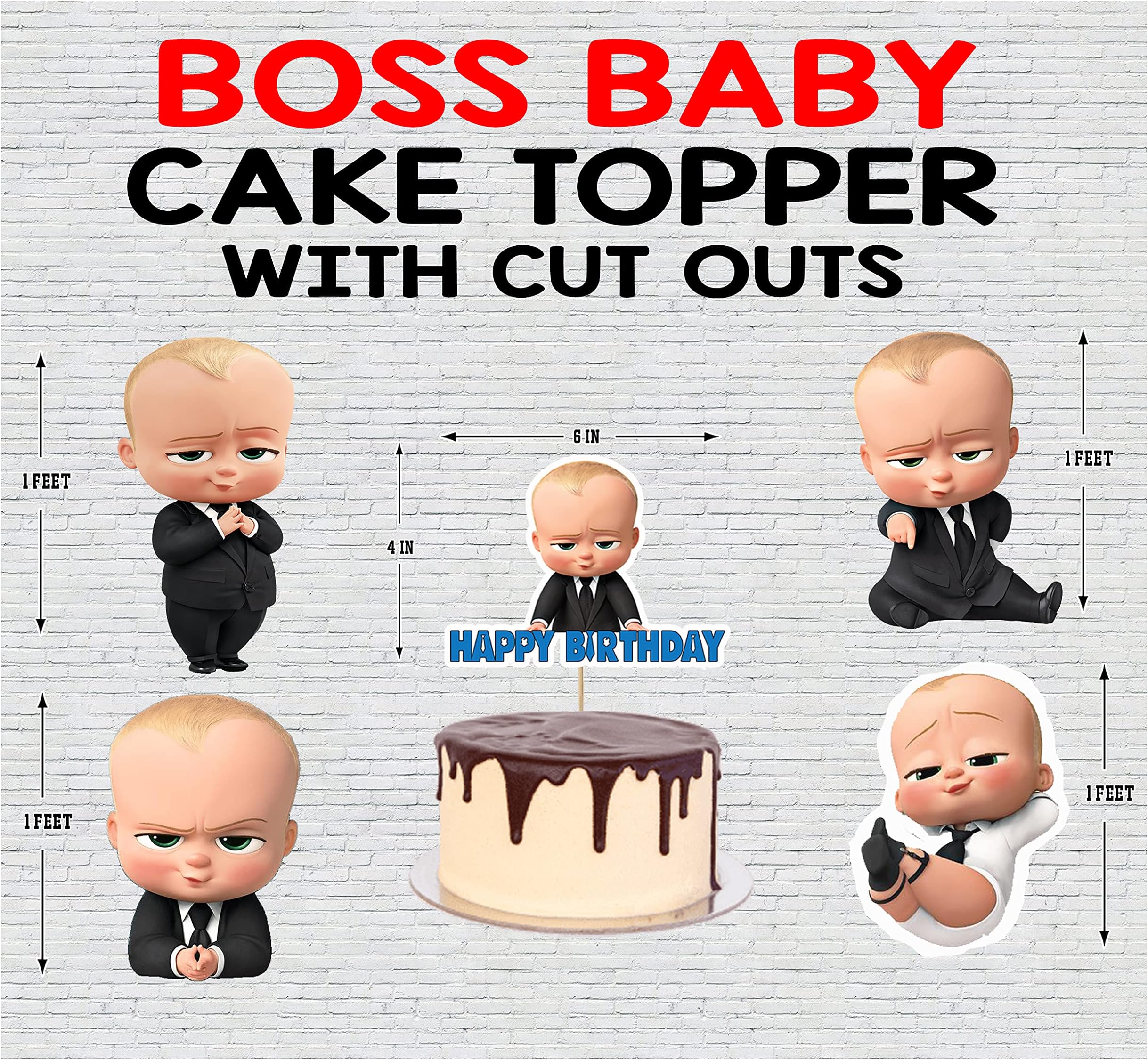 WoW Party Studio Boss Baby Theme Happy Birthday Decorations Party Cake Topper and 1ft Cutouts Combo