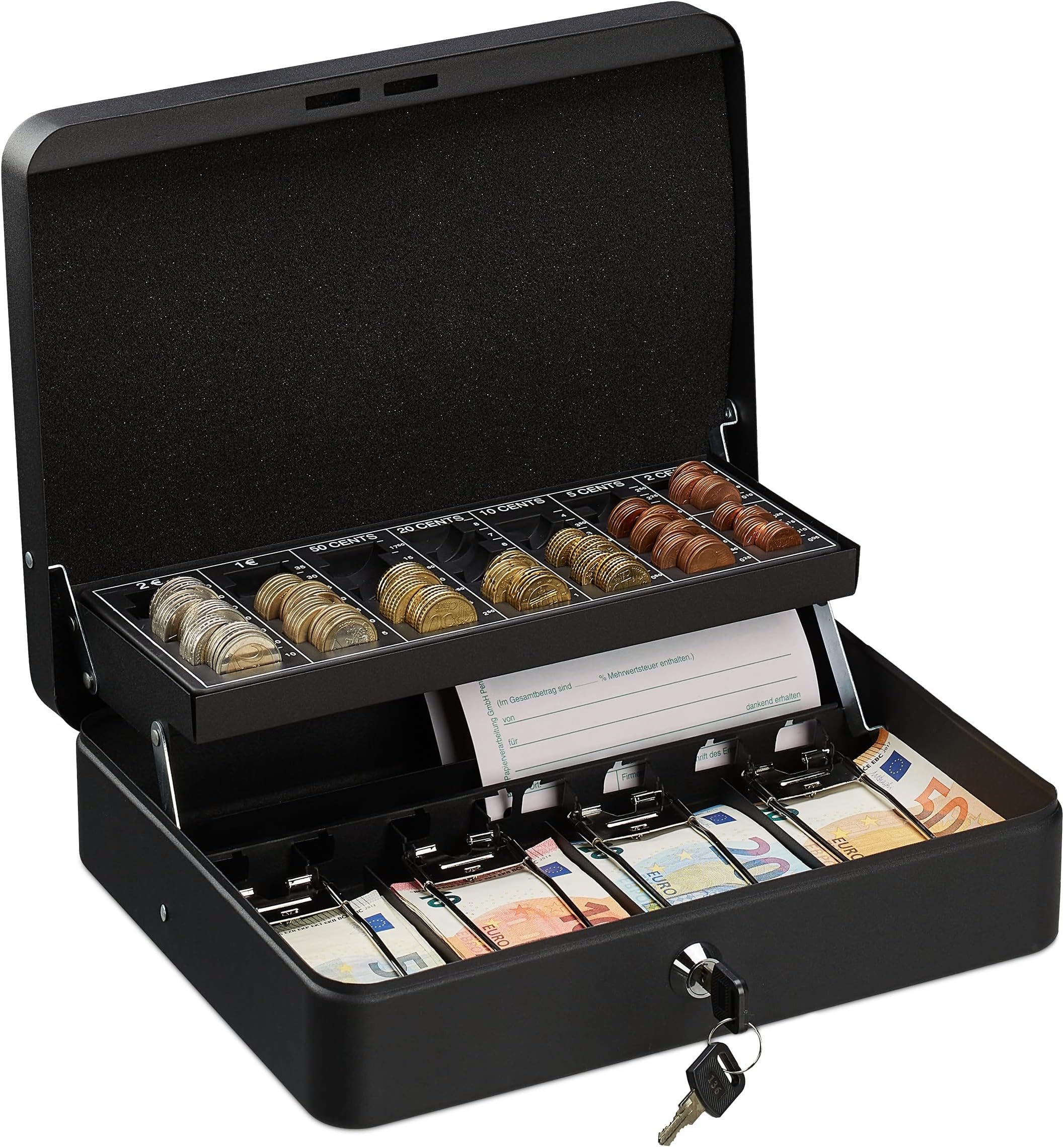 Relaxdays Cash Box, Coin Counter Tray Lockable Portable Change & Notes, H x W x D: 8.5 x 30.5 x 24.5 cm, Iron, Black, 60% 30% Plastic 10% Steel